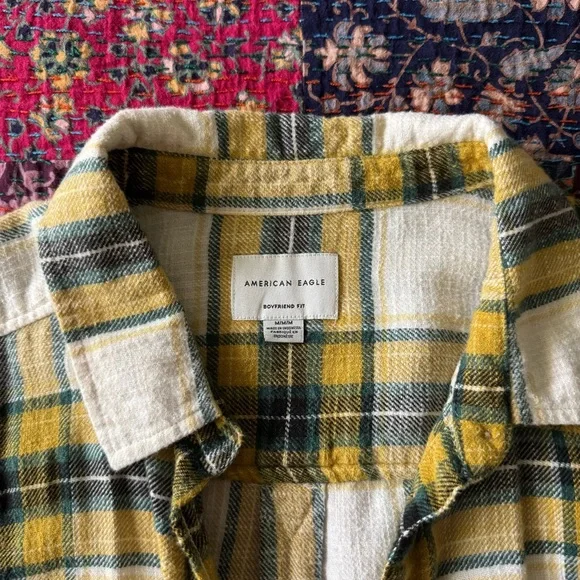 Yellow and Blue Plaid Flannel Boyfriend Fit Button Down Shirt - Picture 2 of 3